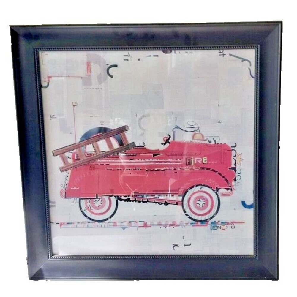 Danny O Retro Red Fire Truck Framed Contemporary Art Print 21.5" x 21.5"